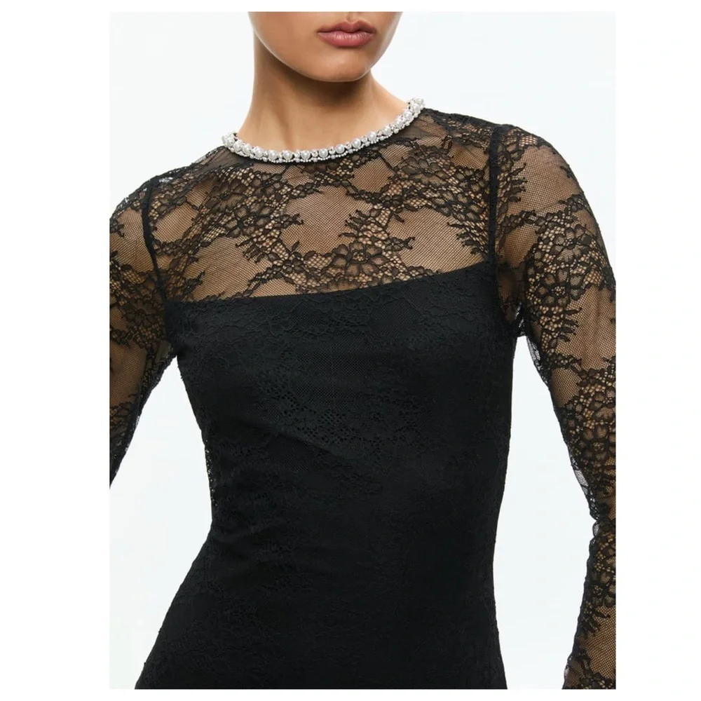 New! ALICE + OLIVIA “Delora” Embellished Neck Black Lace Mini Dress - Picture 6 of 11
